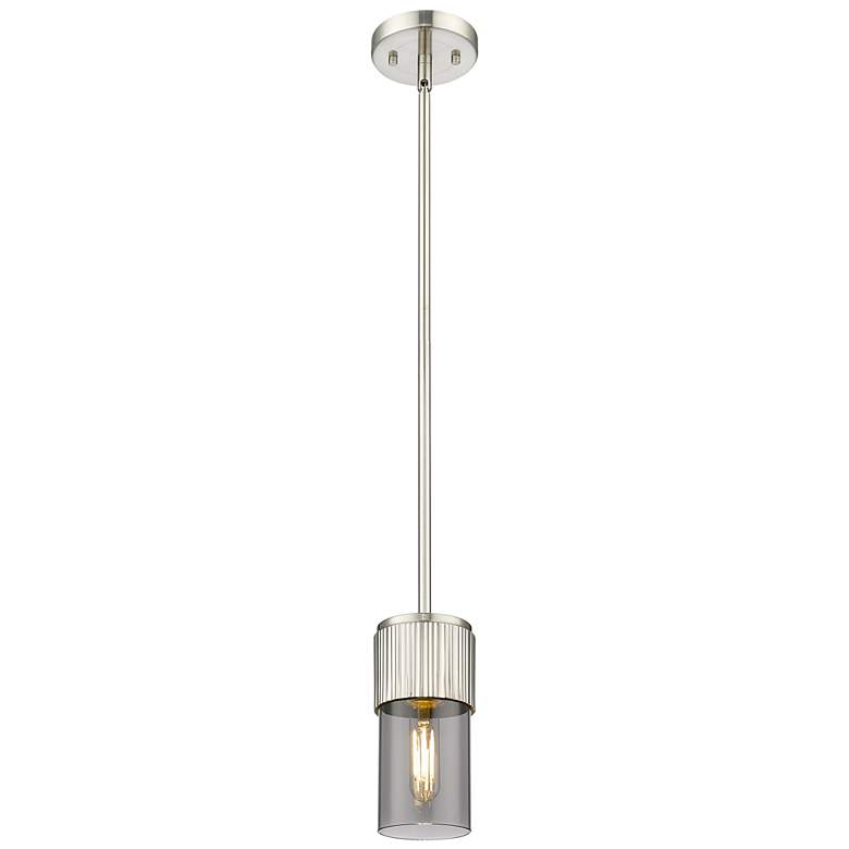 Image 1 Bolivar 4" Wide Satin Nickel Stem Hung Pendant With Plated Smoke Shade