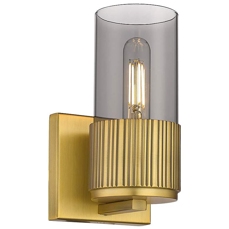 Image 1 Bolivar 7.5" High Brushed Brass Sconce With Plated Smoke Glass Shade