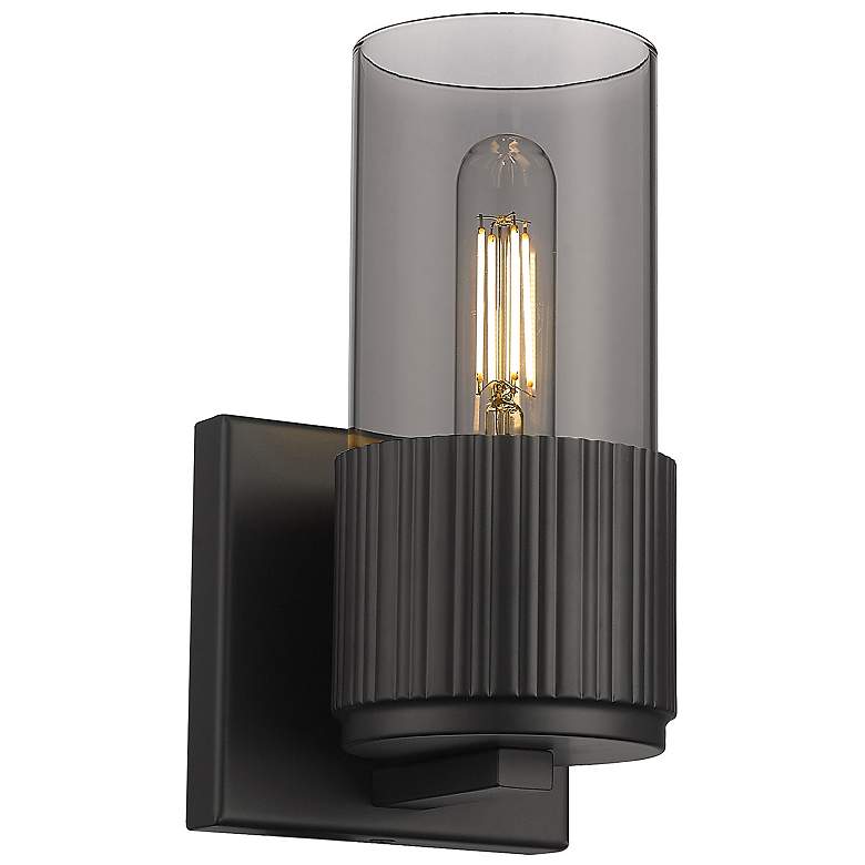 Image 1 Bolivar 7.5" High Matte Black Sconce With Plated Smoke Glass Shade