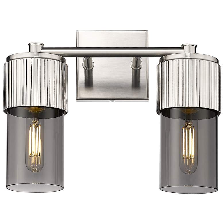 Image 1 Bolivar 9.5 inch High 2 Light Satin Nickel Sconce With Plated Smoke Glass 