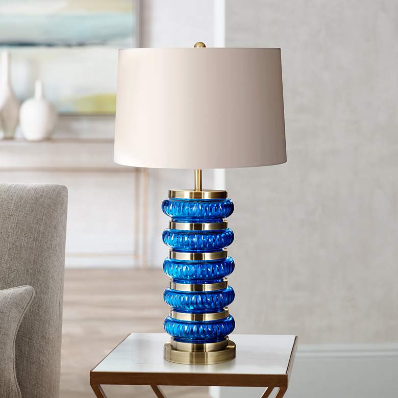 Image 1 Bond Blue and Brass Glass Stacked Column Table Lamp