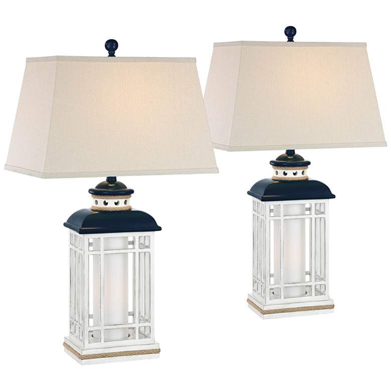 Bondi Coastal Lantern White-Blue Night Light Lamps Set of 2