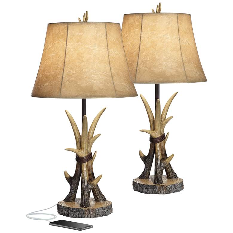 Boone Western Rustic Antler USB Table Lamps Set of 2