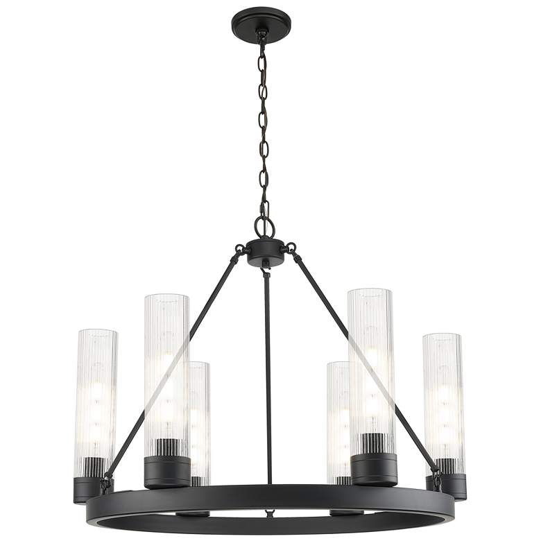 Image 1 Boreas 29"W 6 Light Black Chandelier With 11" Striped Clear Shade
