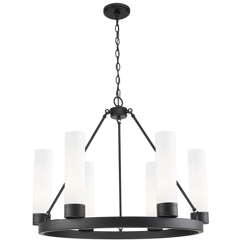 Image 1 Boreas 29"W 6 Light Black Chandelier With 11" Striped White Shade