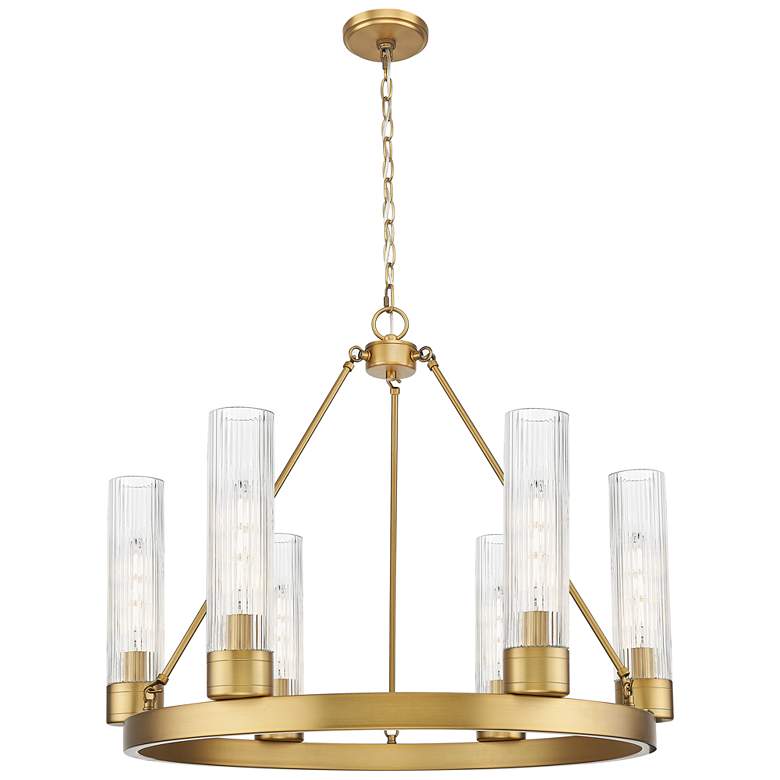 Image 1 Boreas 29"W 6 Light Brass Chandelier w/ 11" Striped Clear Shade