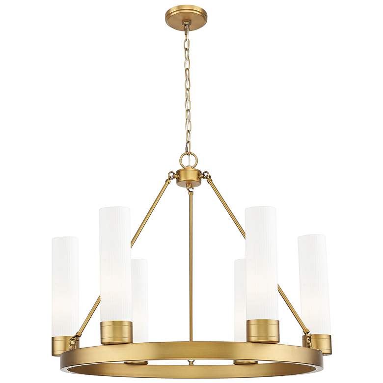 Image 1 Boreas 29"W 6 Light Brass Chandelier w/ 11" Striped White Shade