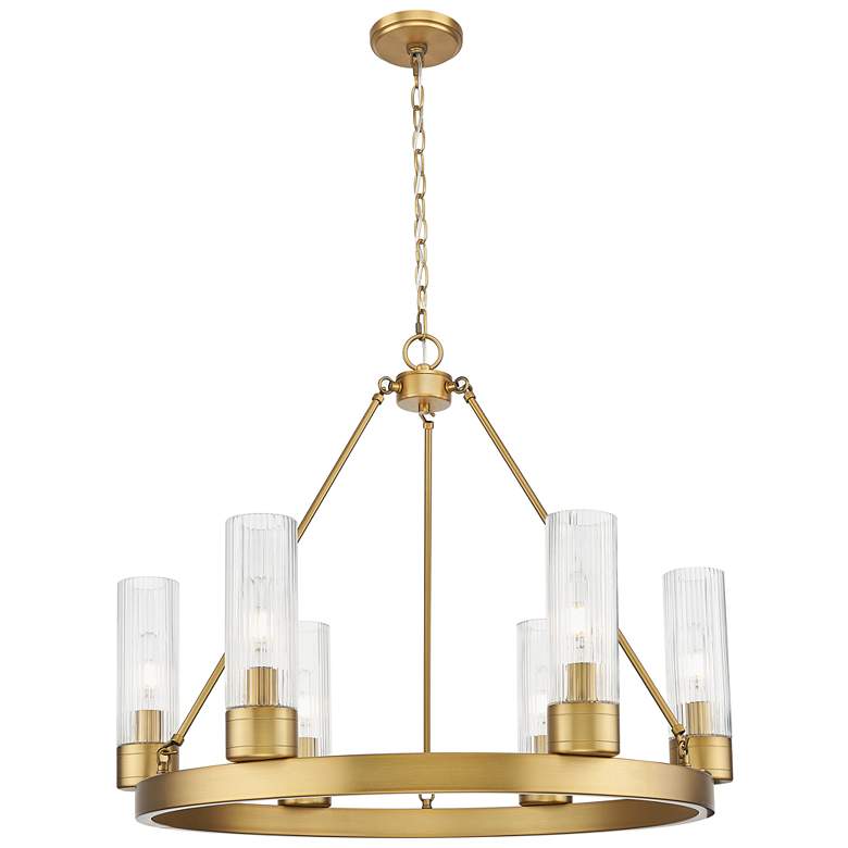 Image 1 Boreas 29"W 6 Light Brushed Brass Chandelier w/ 8" Striped Clear Shade