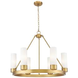 Boreas 29"W 6 Light Brushed Brass Chandelier w/ 8" Striped White Shade
