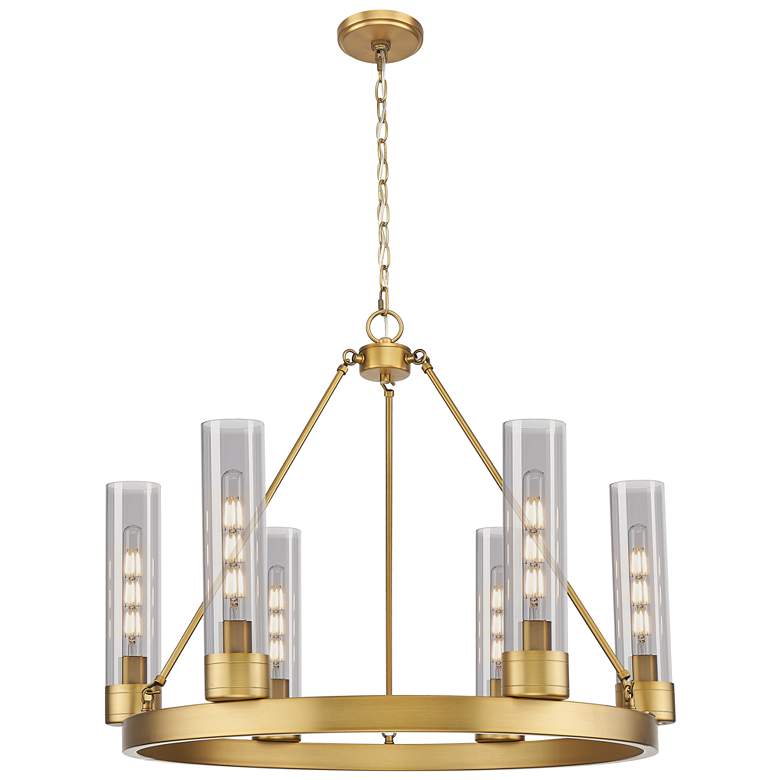 Image 1 Boreas 29"W 6 Light Brushed Brass Chandelier With 11" Smoke Shade