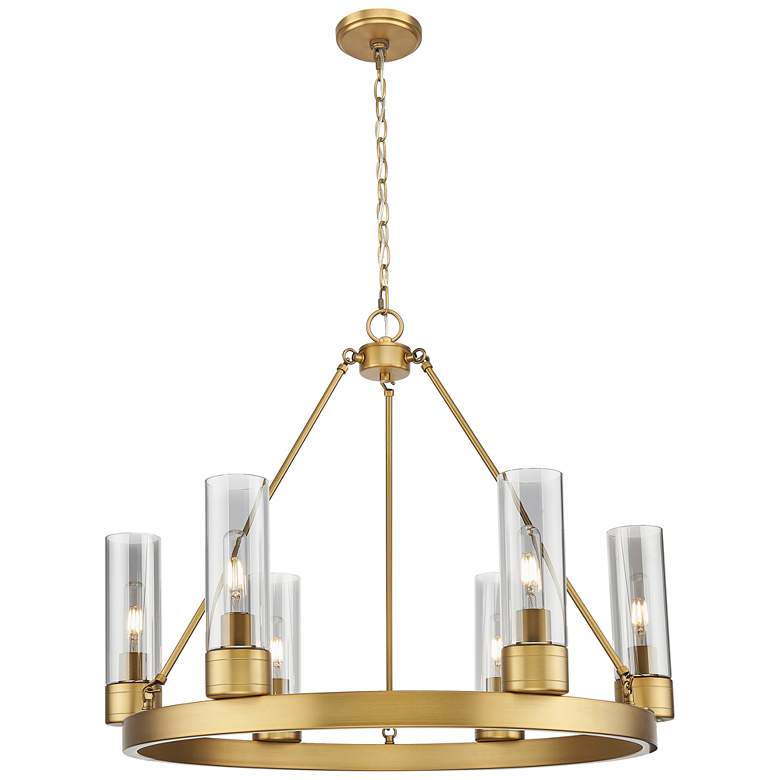 Image 1 Boreas 29"W 6 Light Brushed Brass Chandelier With 8" Light Smoke Shade