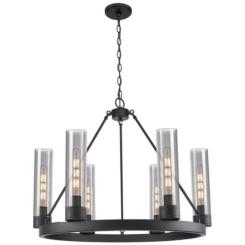 Image 1 Boreas 29"W 6 Light Matte Black Chandelier With 11" Light Smoke Shade