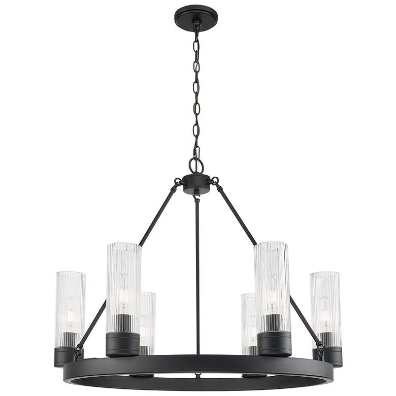 Image 1 Boreas 29"W 6 Light Matte Black Chandelier With 8" Striped Clear Shade