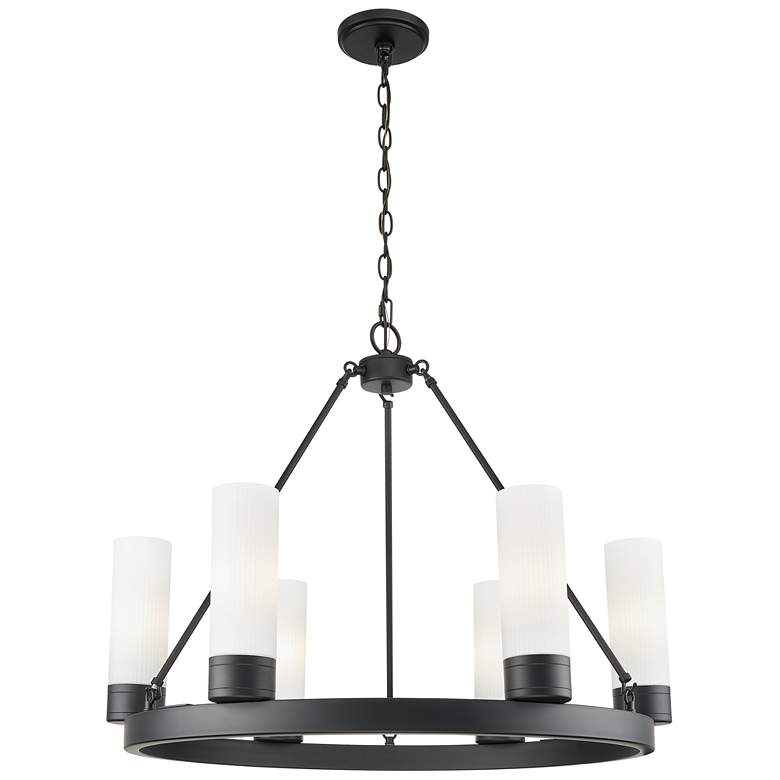 Image 1 Boreas 29"W 6 Light Matte Black Chandelier With 8" Striped White Shade