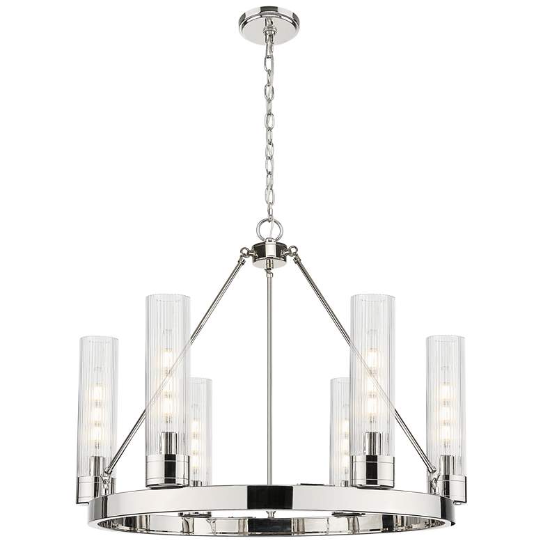 Image 1 Boreas 29"W 6 Light Nickel Chandelier With 11" Striped Clear Shade