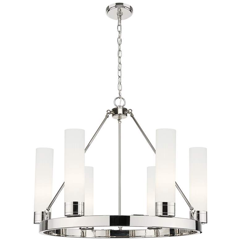 Image 1 Boreas 29"W 6 Light Nickel Chandelier With 11" Striped White Shade