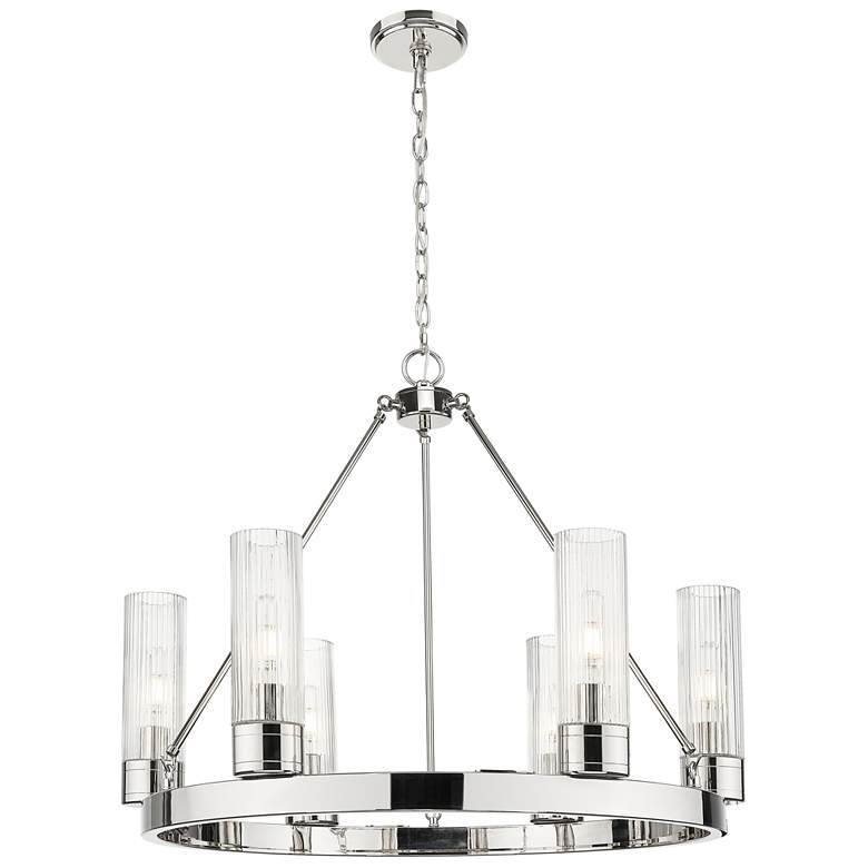 Image 1 Boreas 29"W 6 Light Nickel Chandelier With 8" Striped Clear Shade