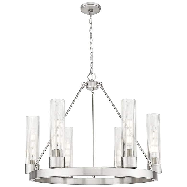 Image 1 Boreas 29"W 6 Light Satin Nickel Chandelier w/ 11" Striped Clear Shade