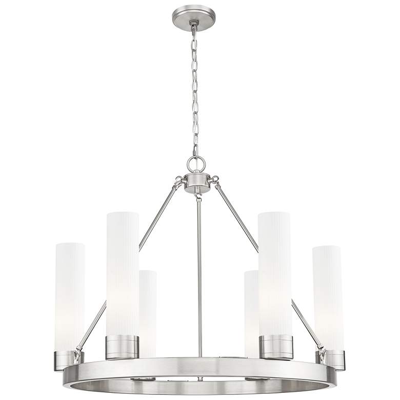 Image 1 Boreas 29"W 6 Light Satin Nickel Chandelier w/ 11" Striped White Shade