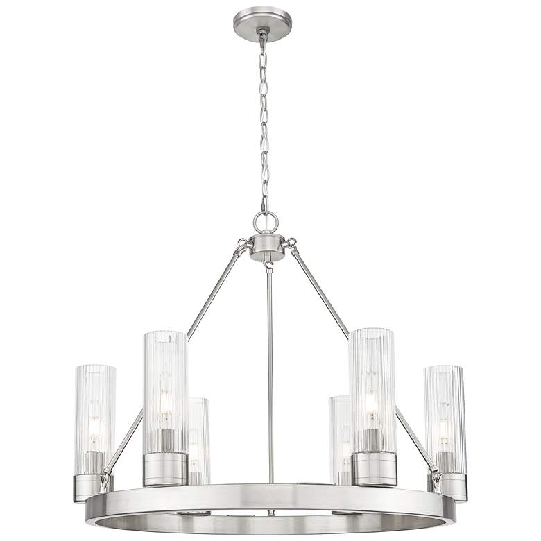 Image 1 Boreas 29"W 6 Light Satin Nickel Chandelier w/ 8" Striped Clear Shade