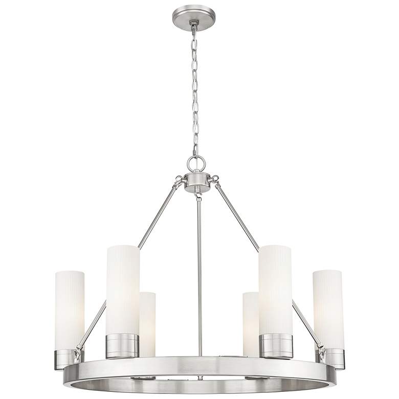 Image 1 Boreas 29"W 6 Light Satin Nickel Chandelier w/ 8" Striped White Shade