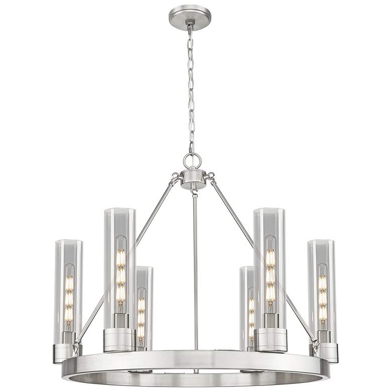 Image 1 Boreas 29"W 6 Light Satin Nickel Chandelier With 11" Light Smoke Shade