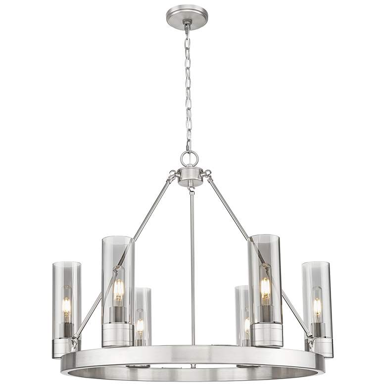 Image 1 Boreas 29"W 6 Light Satin Nickel Chandelier With 8" Light Smoke Shade