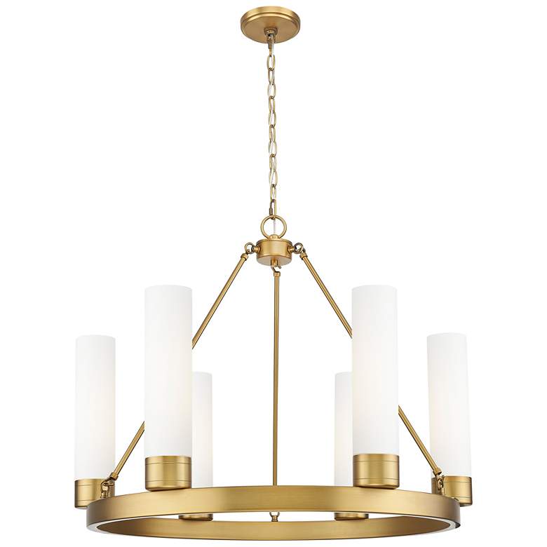 Image 1 Boreas 29" Wide 6 Light Brushed Brass Chandelier With 11" White Shade