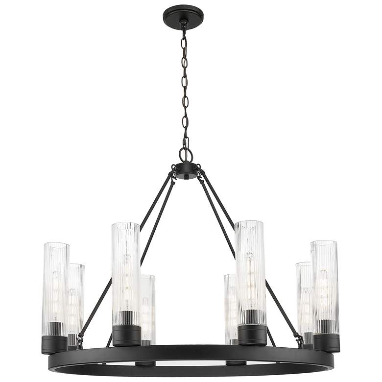 Image 1 Boreas 36"W 6 Light Black Chandelier With 11" Striped Clear Shade