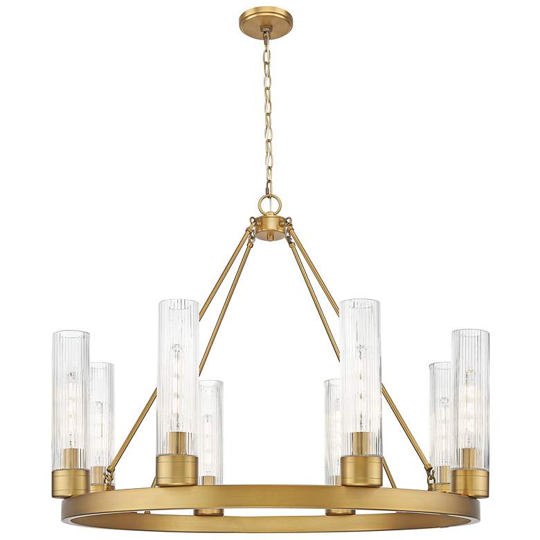 Image 1 Boreas 36"W 6 Light Brass Chandelier w/ 11" Striped Clear Shade
