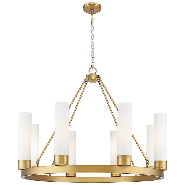 Image 1 Boreas 36"W 6 Light Brass Chandelier w/ 11" Striped White Shade