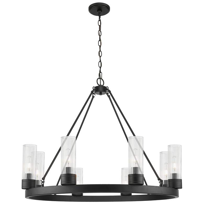 Image 1 Boreas 36"W 6 Light Matte Black Chandelier With 8" Striped Clear Shade
