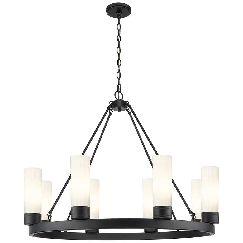 Image 1 Boreas 36"W 6 Light Matte Black Chandelier With 8" Striped White Shade