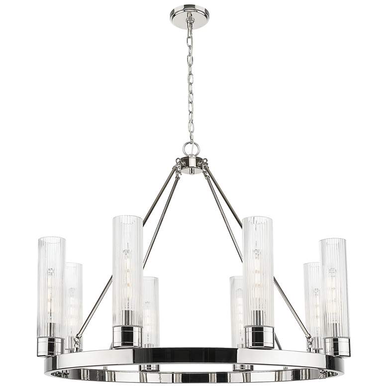 Image 1 Boreas 36"W 6 Light Nickel Chandelier With 11" Striped Clear Shade