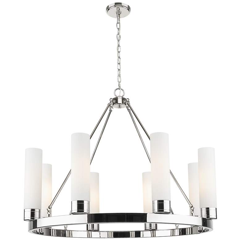 Image 1 Boreas 36"W 6 Light Nickel Chandelier With 11" Striped White Shade