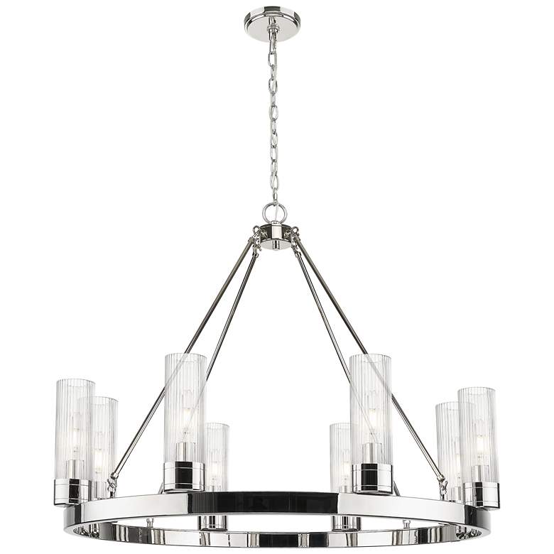 Image 1 Boreas 36"W 6 Light Nickel Chandelier With 8" Striped Clear Shade