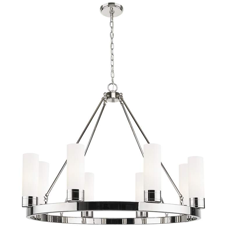 Image 1 Boreas 36"W 6 Light Nickel Chandelier With 8" Striped White Shade