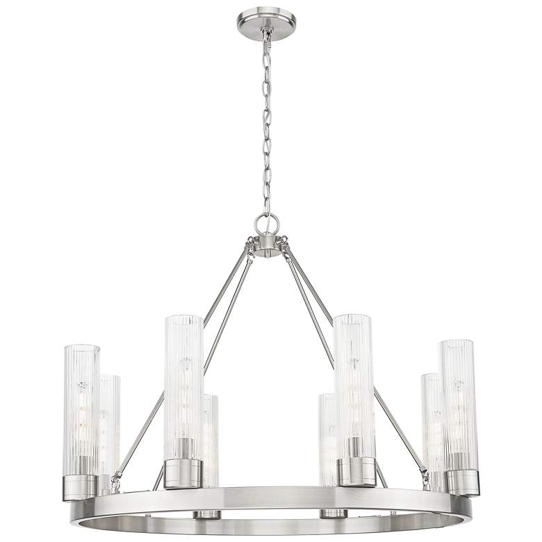 Image 1 Boreas 36"W 6 Light Satin Nickel Chandelier w/ 11" Striped Clear Shade