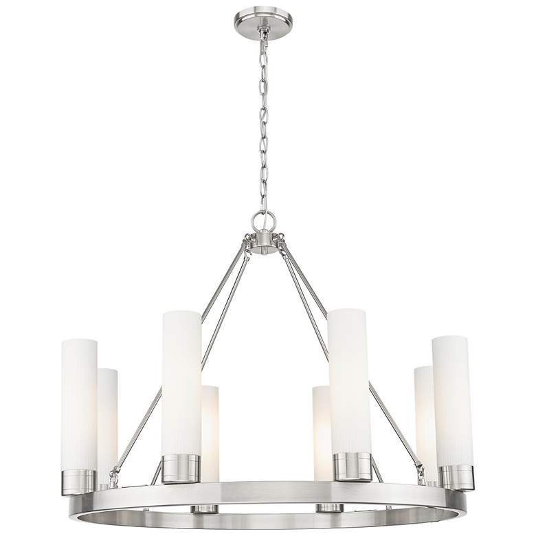 Image 1 Boreas 36"W 6 Light Satin Nickel Chandelier w/ 11" Striped White Shade
