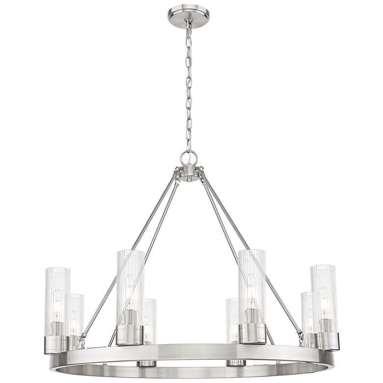 Image 1 Boreas 36"W 6 Light Satin Nickel Chandelier w/ 8" Striped Clear Shade
