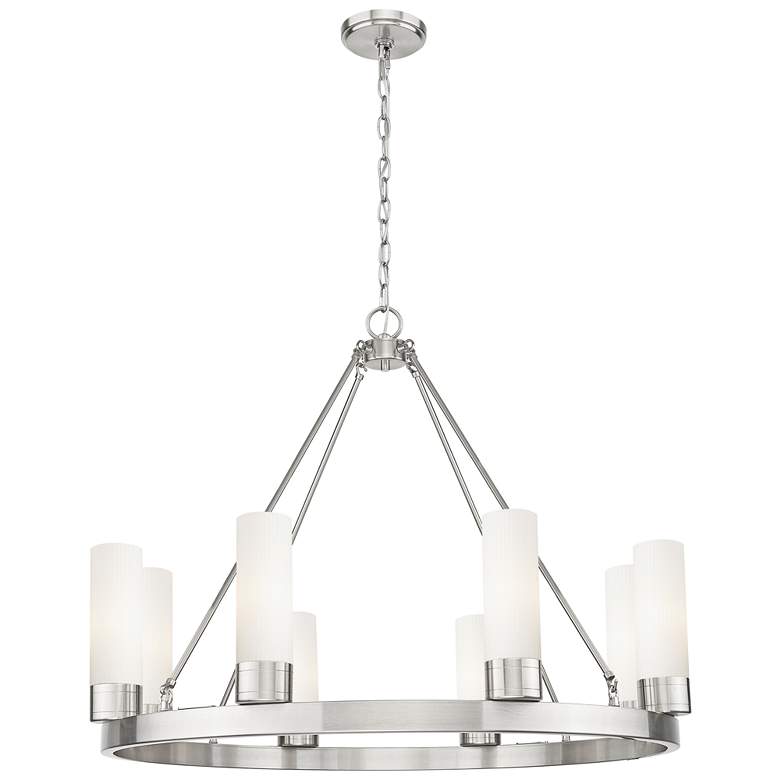 Image 1 Boreas 36"W 6 Light Satin Nickel Chandelier w/ 8" Striped White Shade