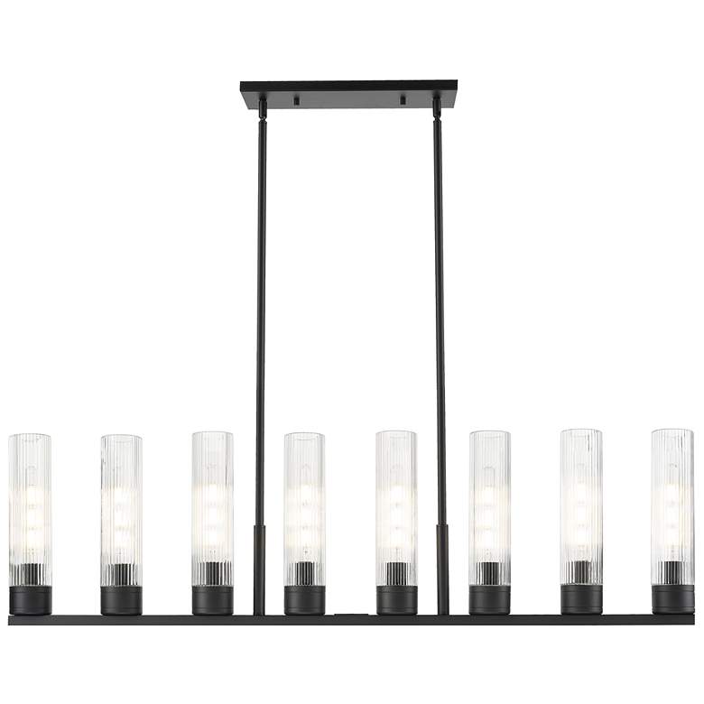 Image 1 Boreas 48"W 6 Light Black Stem Island Light w/ 11" Striped Clear Shade