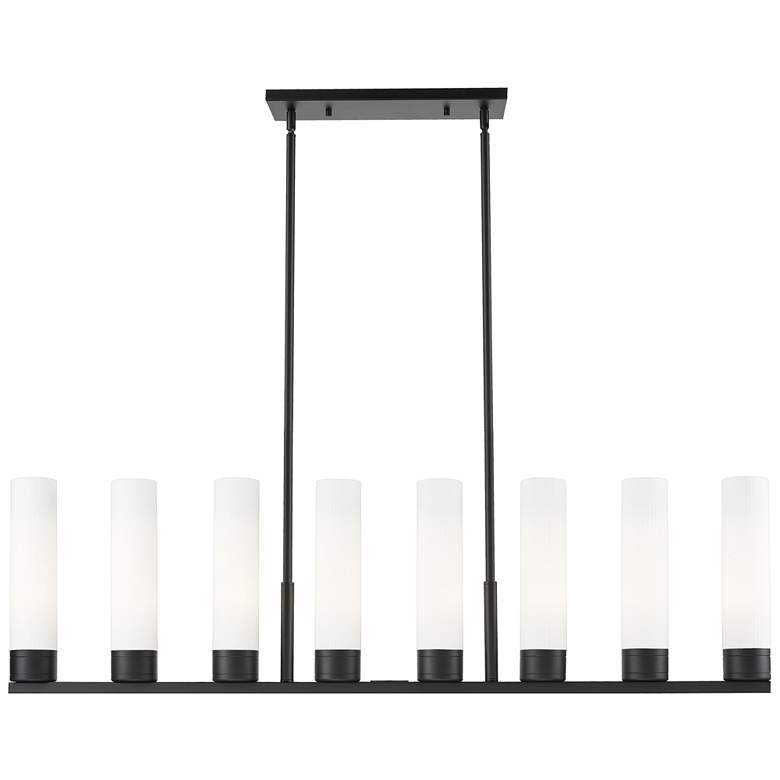 Image 1 Boreas 48"W 6 Light Black Stem Island Light w/ 11" Striped White Shade