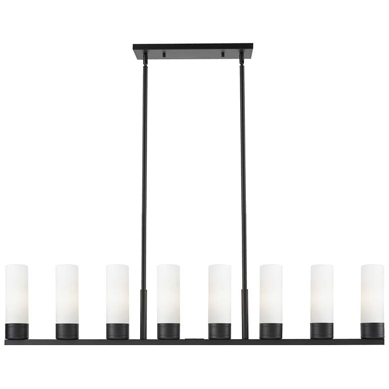 Image 1 Boreas 48"W 6 Light Black Stem Island Light w/ 8" Striped White Shade