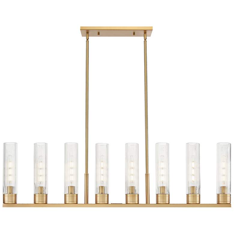 Image 1 Boreas 48"W 6 Light Brass Stem Island Light w/ 11" Striped Clear Shade