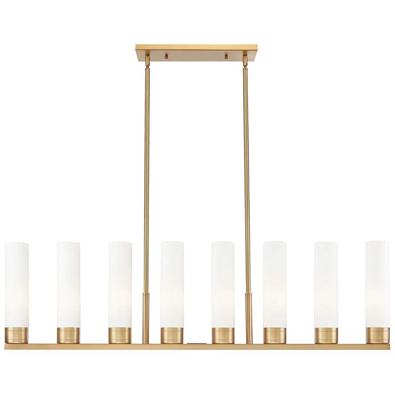 Image 1 Boreas 48"W 6 Light Brass Stem Island Light w/ 11" Striped White Shade