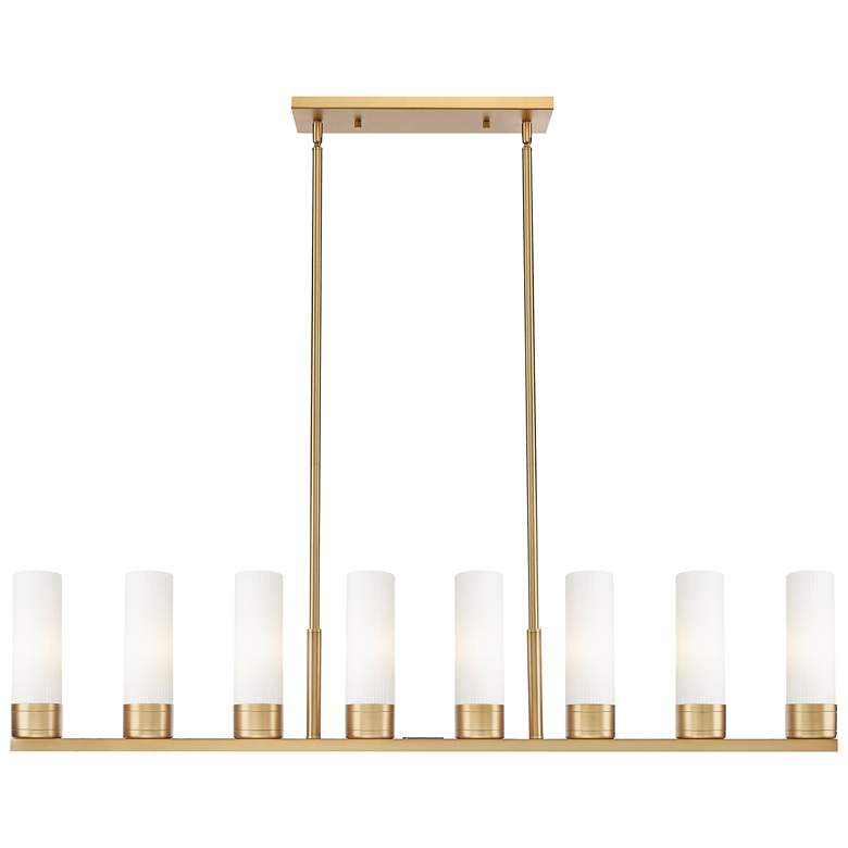 Image 1 Boreas 48"W 6 Light Brass Stem Island Light w/ 8" Striped White Shade