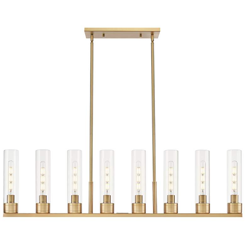 Image 1 Boreas 48"W 6 Light Brushed Brass Stem Island Light w/ 11" Clear Shade
