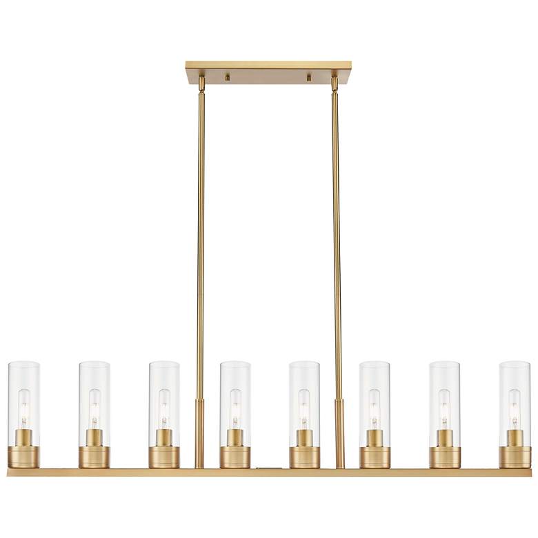 Image 1 Boreas 48"W 6 Light Brushed Brass Stem Island Light w/ 8" Clear Shade