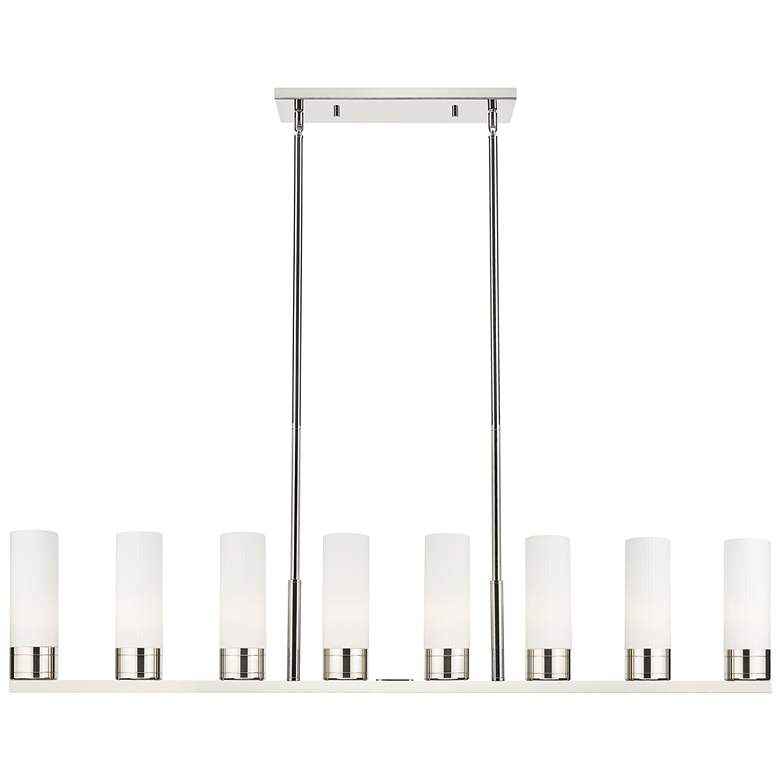 Image 1 Boreas 48"W 6 Light Nickel Stem Island Light w/ 8" Striped White Shade